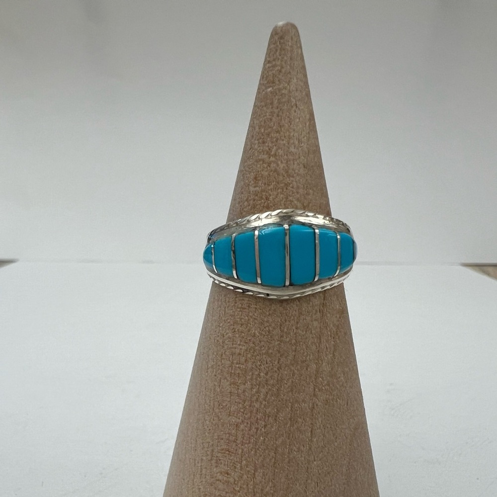 Zuni Sterling Silver and Turquoise Inlay Ring 7.5